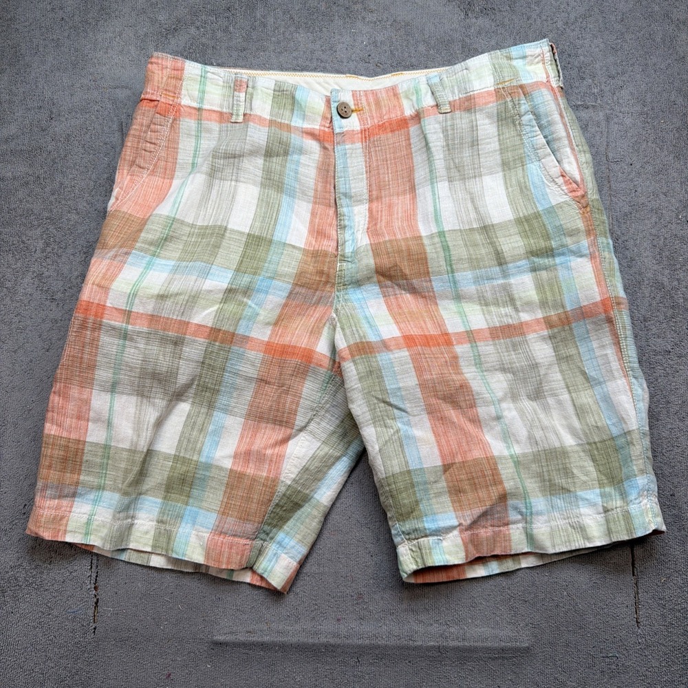 Tommy‎ Bahama Shorts Mens Plaid Linen Blend Relaxed Fit Size 34